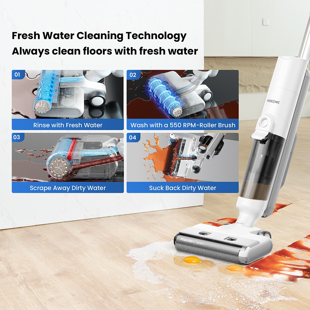 Proscenic F10 Pro Cordless Vacuum and Mop  30min Runtime  Self-Cleaning  LED Screen  All-Around Edge Cleaning  3 Cleaning Modes