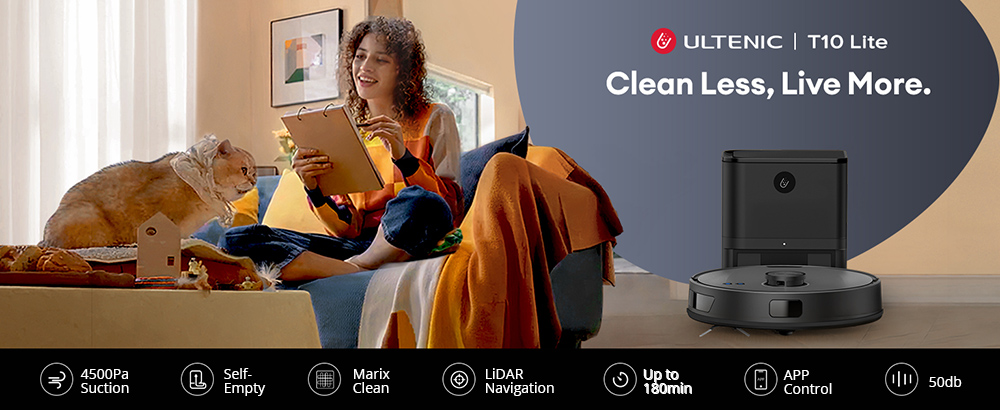 Ultenic T10 Lite Robot Vacuum Cleaner with LiDAR Navigation  4500Pa Suction  Self-empty  Matrix Clean  Up to 180min Runtime  2L