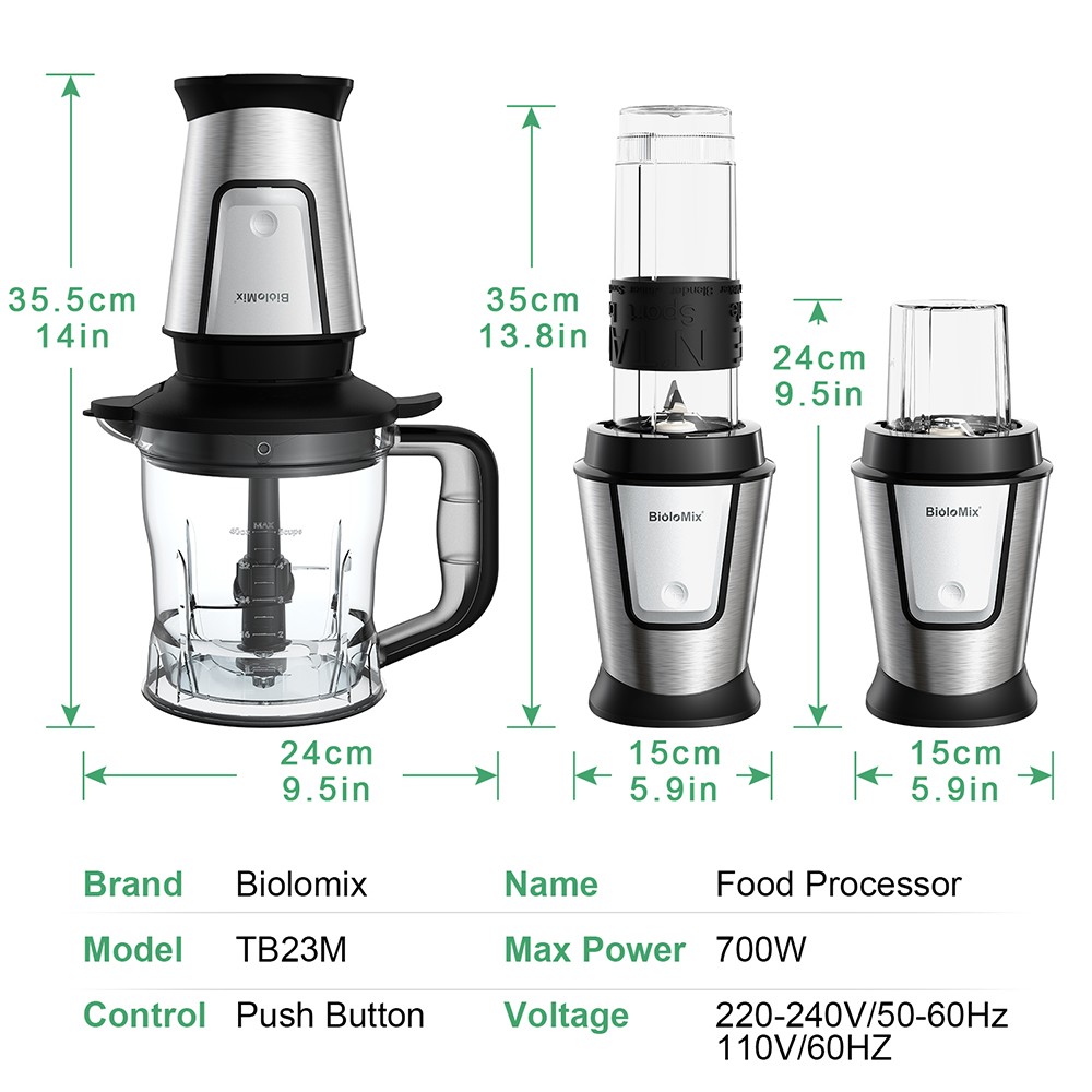 BioloMix TB23M 3-in-1 Multifunctional Food Processor  700W Portable Juicer  Personal Blender  Meat Grinder  Coffee Spice Grinde