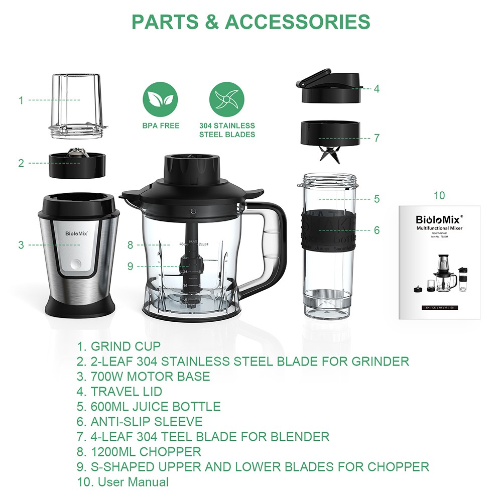 BioloMix TB23M 3-in-1 Multifunctional Food Processor  700W Portable Juicer  Personal Blender  Meat Grinder  Coffee Spice Grinde