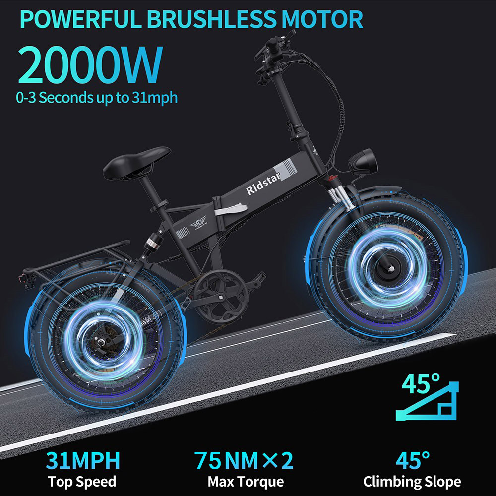 Ridstar H20 Pro Electric Bike  1000W*2 Motor  48V 23AH Battery  20*4 Inch Fat Tires  49km/h Max Speed  112km Range  Hydraulic D