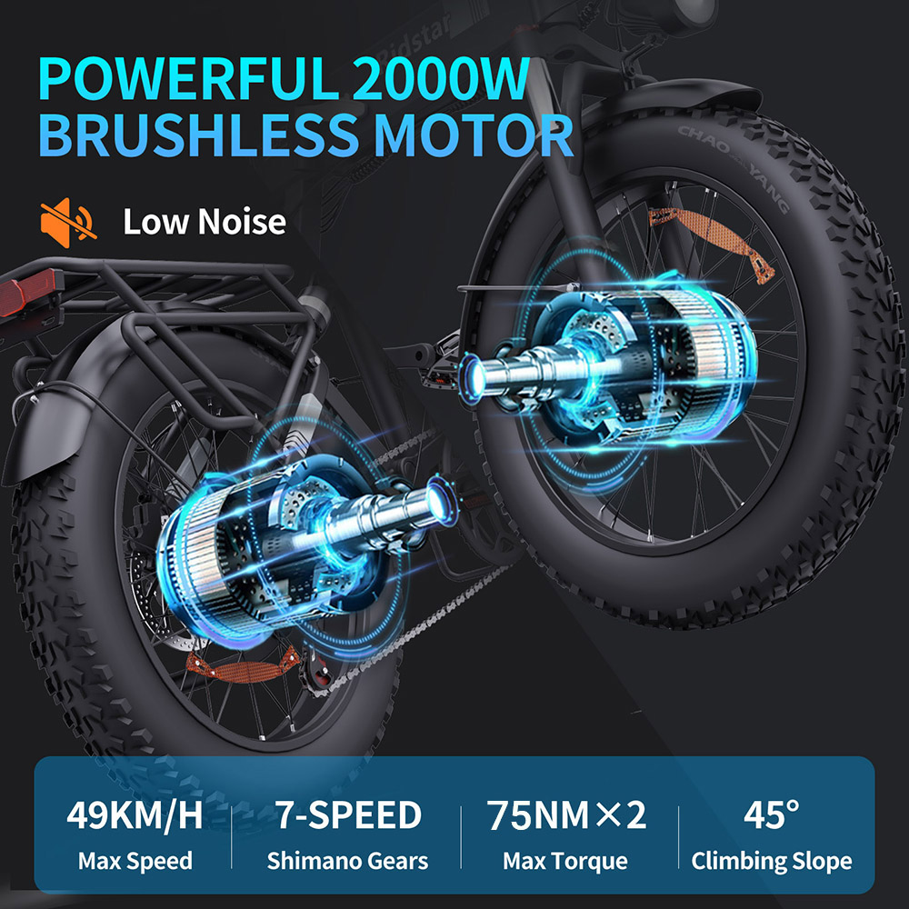 Ridstar H20 Pro Electric Bike  1000W*2 Motor  48V 23AH Battery  20*4 Inch Fat Tires  49km/h Max Speed  112km Range  Hydraulic D