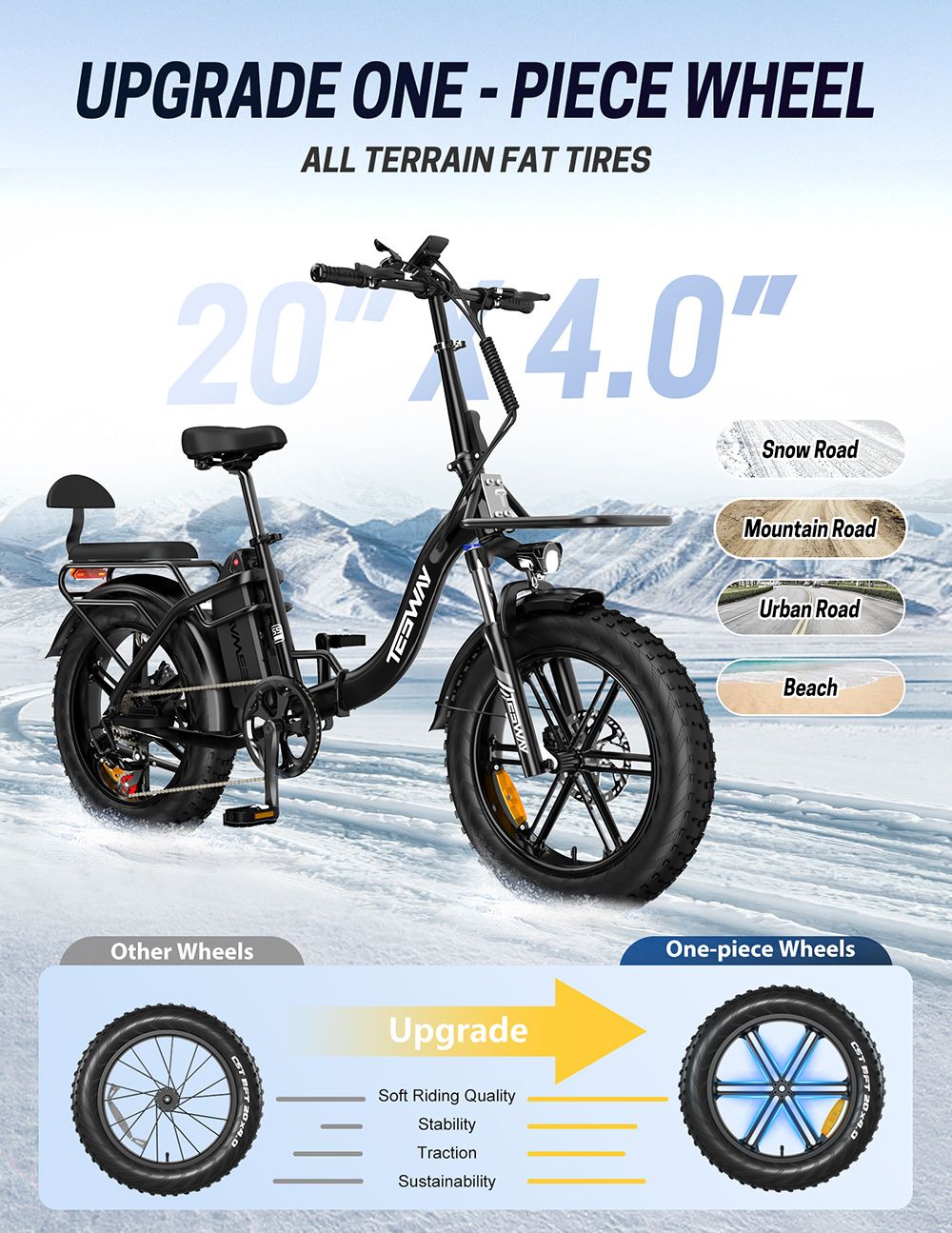 TESWAY S5 Electric Bike  250W Motor  48V 20Ah Battery  20*4 0 Inch Tires  25km/h Max Speed  110km Range  Front 