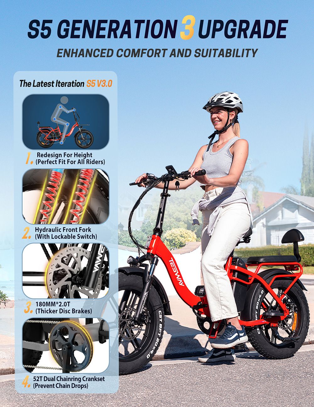 TESWAY S5 Electric Bike  250W Motor  48V 20Ah Battery  20*4 0 Inch Tires  25km/h Max Speed  110km Range  Front 