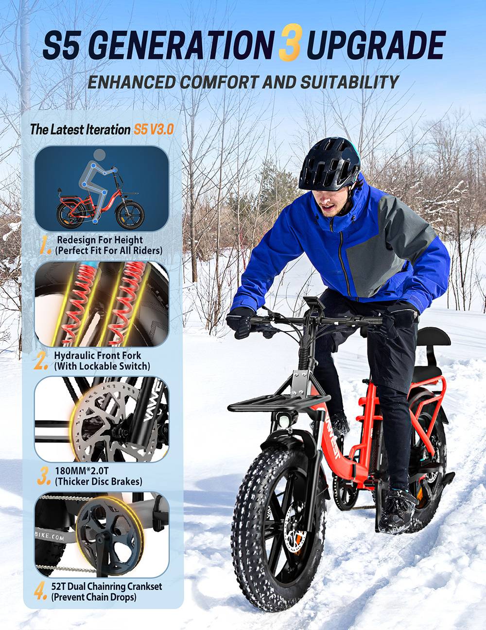 TESWAY S5 Electric Bike  250W Motor  48V 20Ah Battery  20*4 0 Inch Tires  25km/h Max Speed  110km Range  Front 