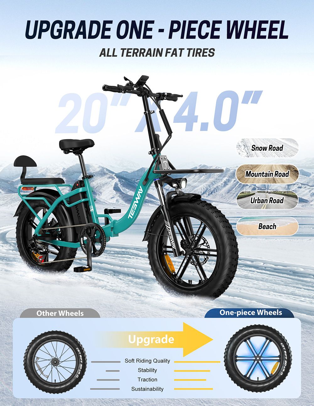 TESWAY S5 Electric Bike  250W Motor  48V 20Ah Battery  20*4 0 Inch Tires  25km/h Max Speed  110km Range  Front 