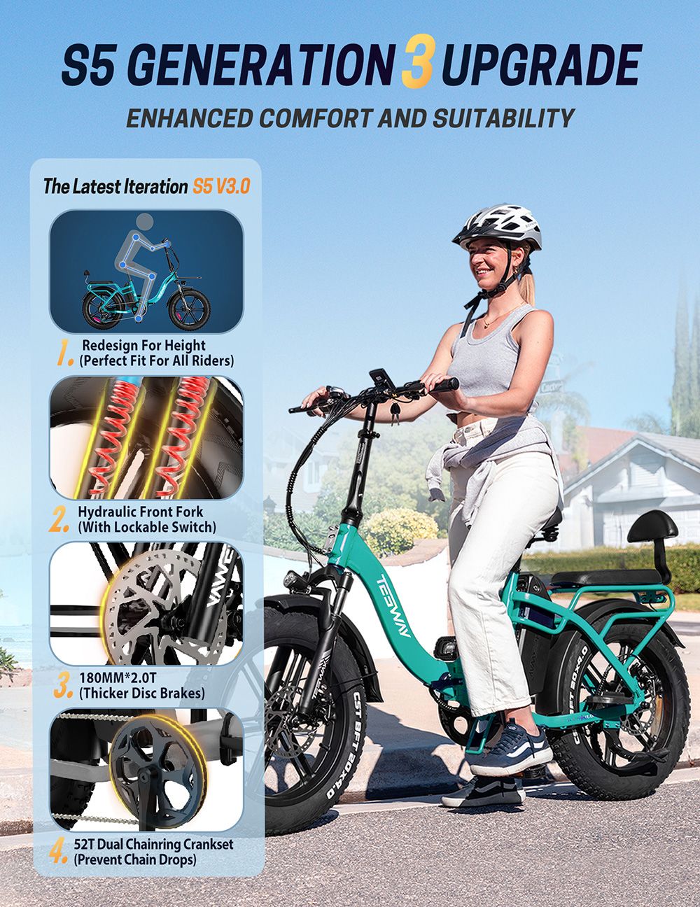 TESWAY S5 Electric Bike  250W Motor  48V 20Ah Battery  20*4 0 Inch Tires  25km/h Max Speed  110km Range  Front 