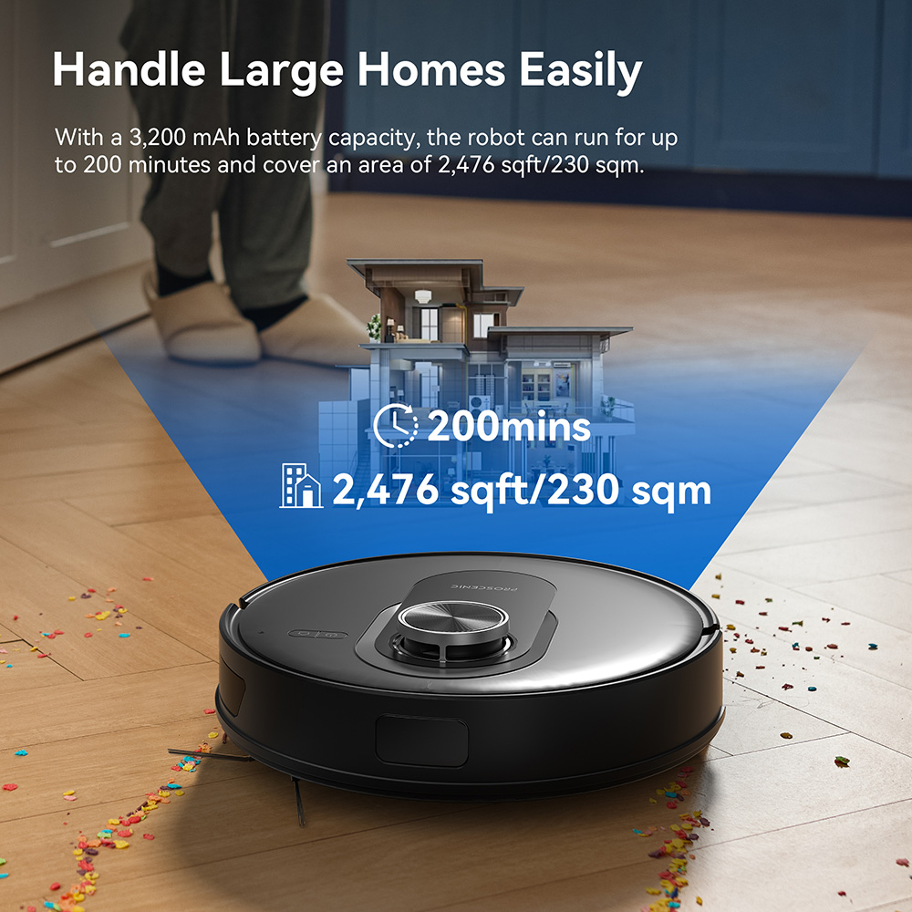 Proscenic Q8 Robot Vacuum Cleaners 4200 Pa Suction LiDAR Nav 200min Runtime Automatic Self-Charging APP Control Black