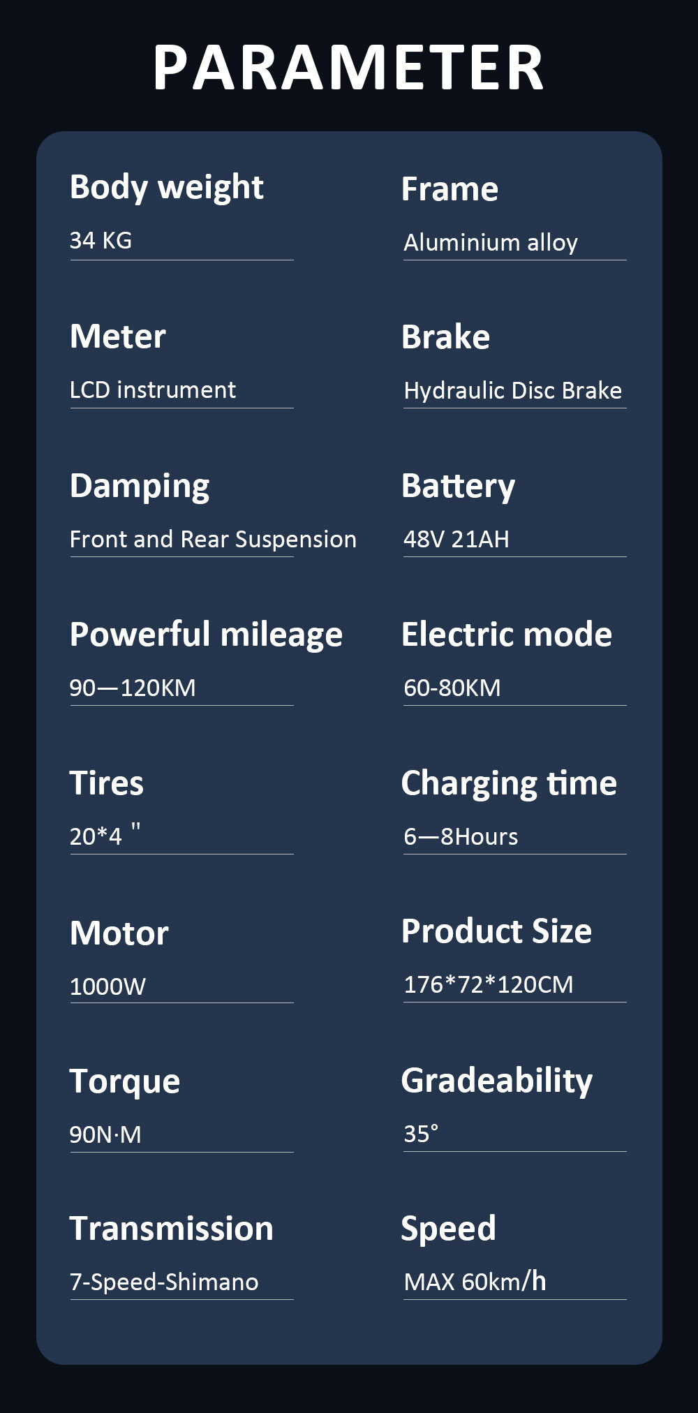 GUNAI-T Electric Bike  1000W Motor  48V 21Ah Battery  20*4 0-inch Fat Tires  60km/h Max Speed  120km Max Range  Hydraulic Disc 