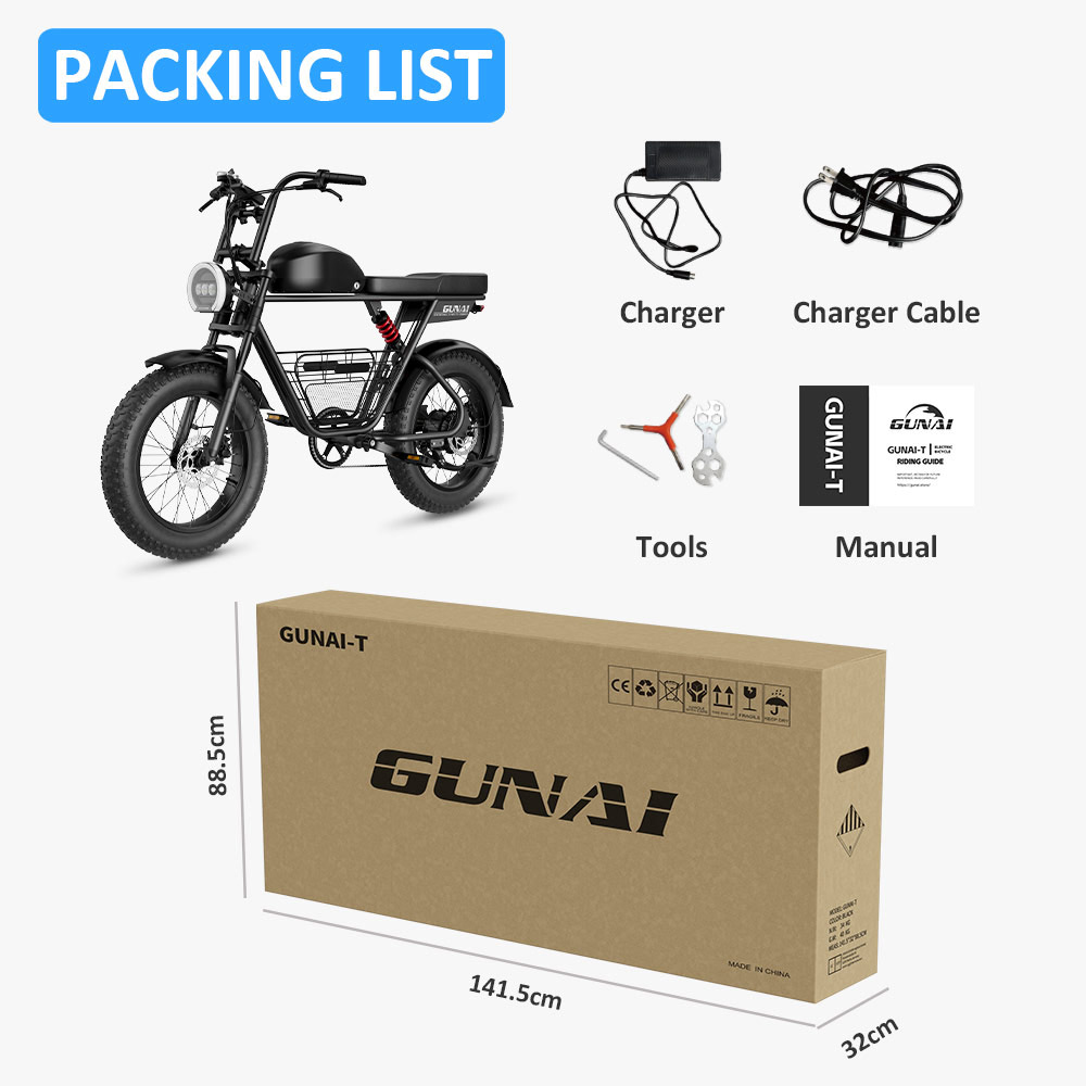 GUNAI-T Electric Bike  1000W Motor  48V 21Ah Battery  20*4 0-inch Fat Tires  60km/h Max Speed  120km Max Range  Hydraulic Disc 