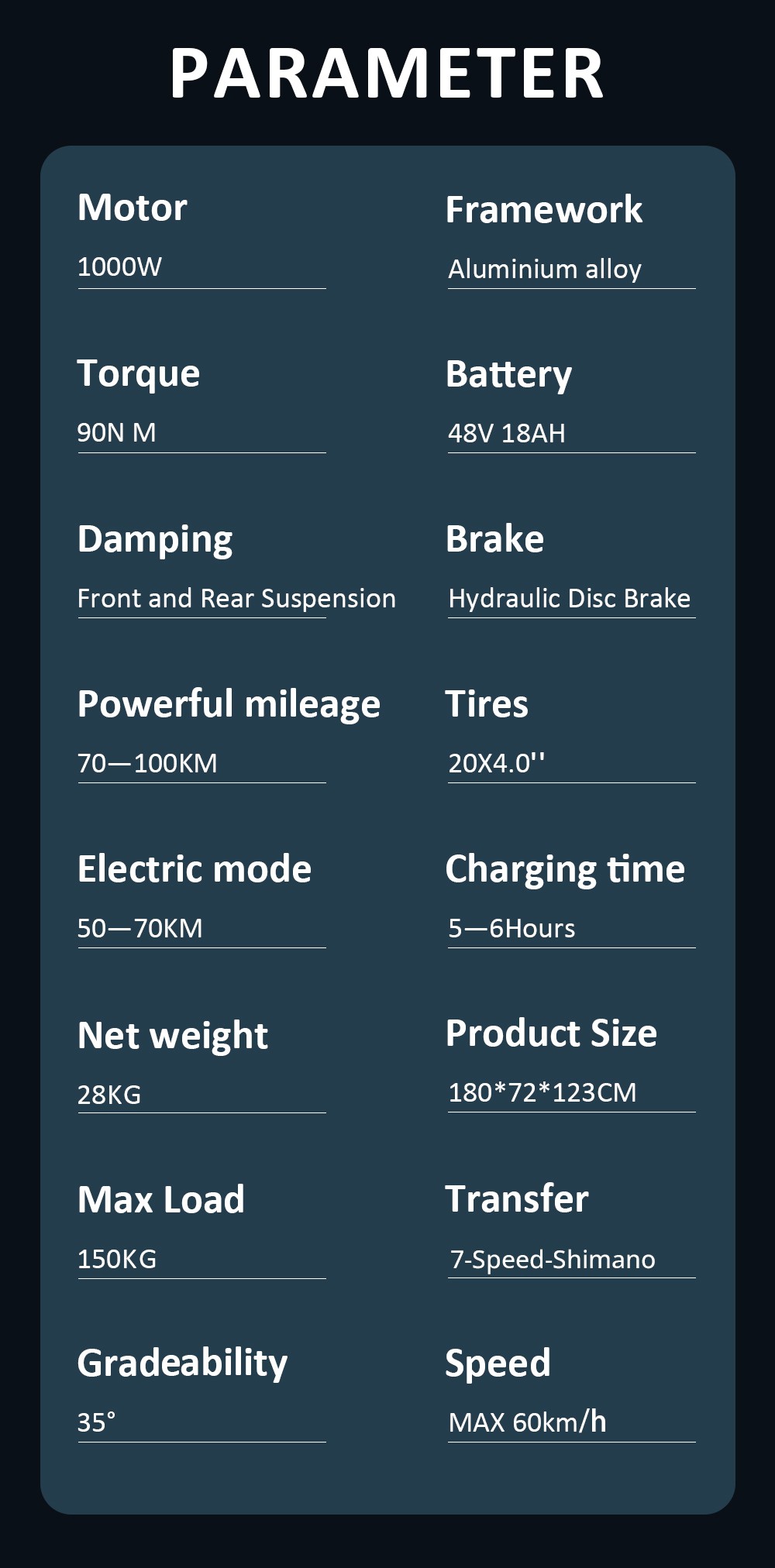 GUNAI-Y Electric Bike  1000W Motor  48V 18Ah Battery  20*4 0-inch Fat Tires  60km/h Max Speed  100km Range  Hydraulic Disc Brak