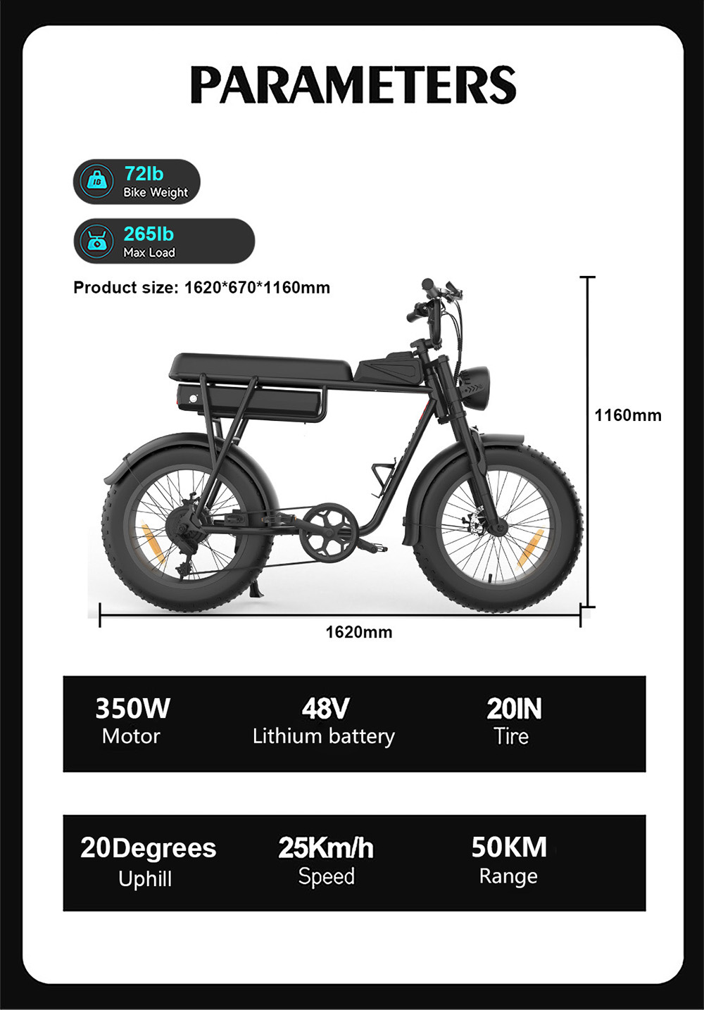 YAMALI FXH-006 Electric Bike  350W Motor  48V 18Ah Battery  20*4'' Fat Tires  40km/h Max Speed  50km Range  Shimano 7 Speed  Fr