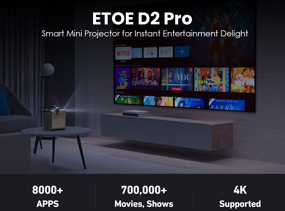 ETOE D2 Pro Projector  200 ANSI  Android TV 11 0  Native 1080P  Keystone Correction - EU Plug