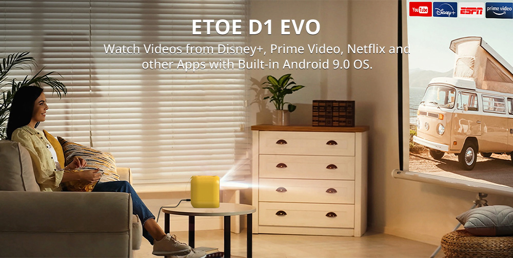 ETOE D1 Projector  150 ANSI  Android 9 0  720P Resolution  Keystone Correction - EU Plug