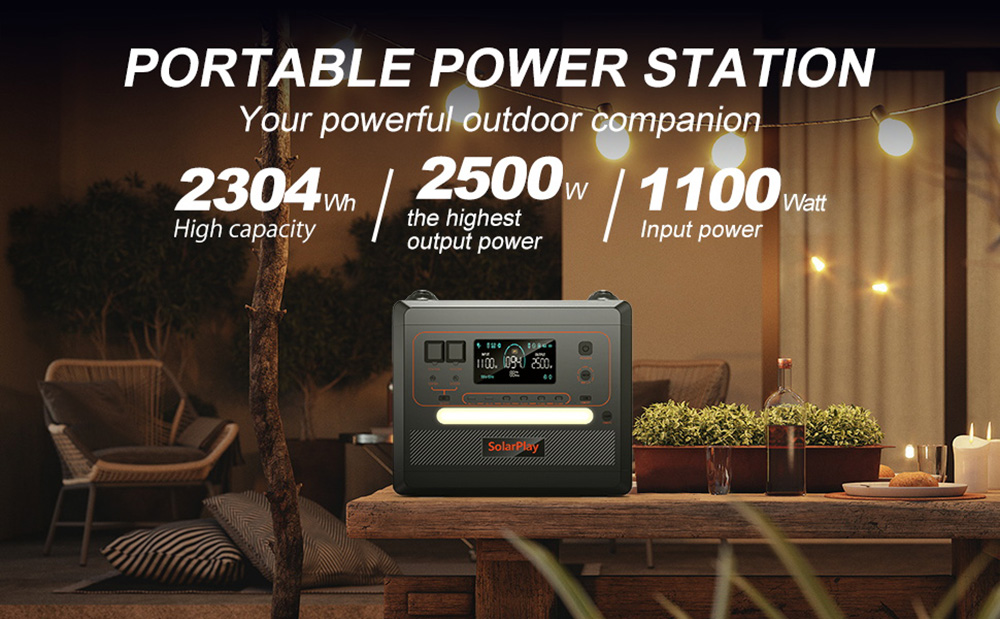 SolarPlay Q2402M Portable Power Station  2304Wh 2500W LiFePO4 Battery  1100W Input Power  12 Output  Full Charge in 1 5H