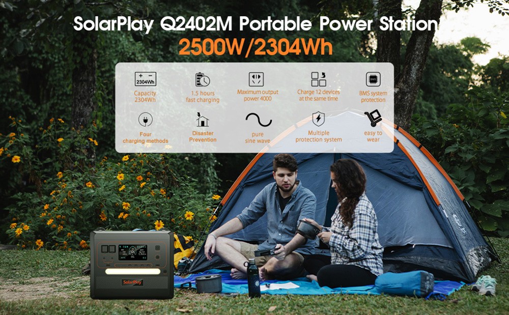 SolarPlay Q2402M Portable Power Station  2304Wh 2500W LiFePO4 Battery  1100W Input Power  12 Output  Full Charge in 1 5H