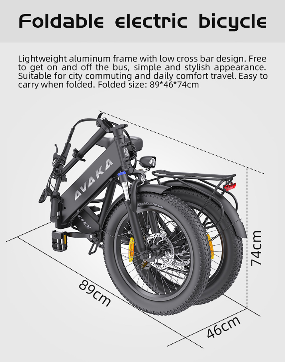 AVAKA K300 Folding Electric Bike  350W Motor  36V 16Ah Battery  20*3 0 inch Tires  31km/h Max Speed  100km Range  Front 