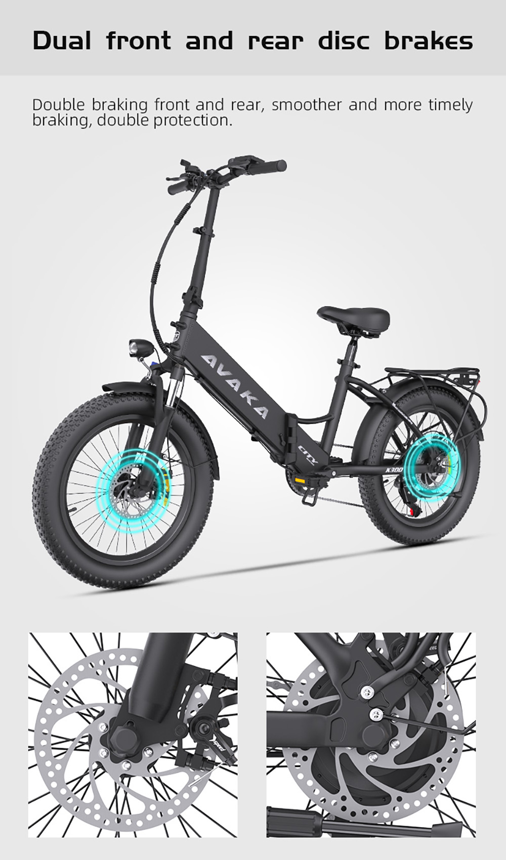 AVAKA K300 Folding Electric Bike  350W Motor  36V 16Ah Battery  20*3 0 inch Tires  31km/h Max Speed  100km Range  Front 