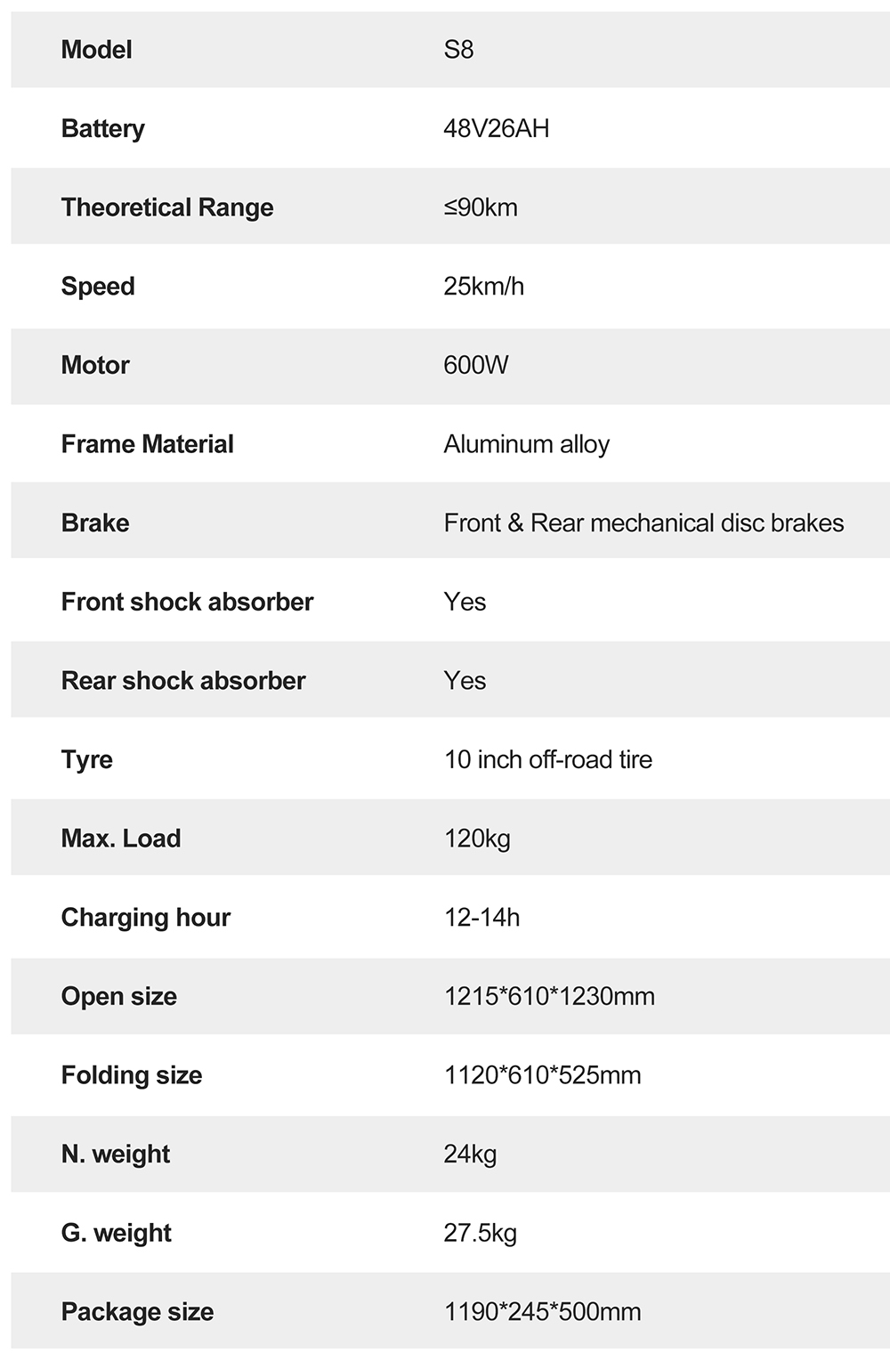 Joyor S8 Electric Scooter  600W Motor  48V 26AH Battery  10 Inch Tires  25km/h Max Speed  90km Range  Dual Mechanical Disc Brak