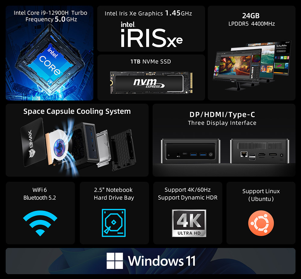 BMAX B9 Power Mini PC  Intel Core i9-12900H 14 Cores Max 5 0GHz  24GB LPDDR5 RAM 1TB SSD  DP HDMI Type-C 4K Triple Display  Sup