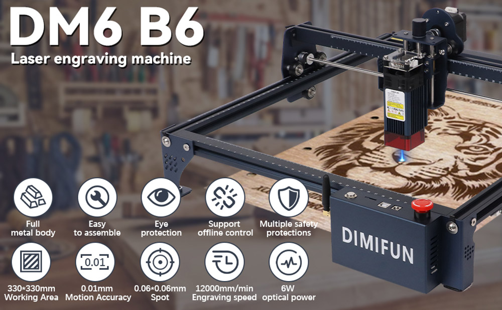 DIMIFUN DM6 B6 6W Laser Engraving Machine  Eye Protection  0 01mm Accuracy  0 06mm Spot  12000mm/min Speed  330*330mm - EU Plug