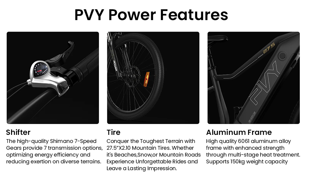 PVY Power Electric Bike  1000W Hub Motor  48V 16 5Ah Battery  27 5*2 1-inch Tires  38km/h Max Speed  100km Range  Hydraulic Dis