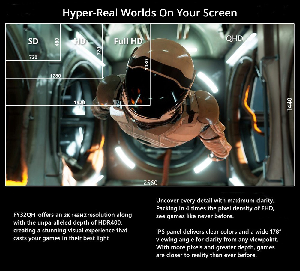 FYHXele FY32QH 32-inch Monitor  2560*1440 WQHD 16:9 IPS Screen  165Hz Refresh Rate  1ms  MPRT  Response Time  100% sRGB  3000:1