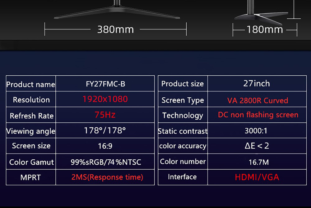 FYHXele FY27FMC-B 27-inch 2800R Curved Gaming Monitor  1920*1080 FHD 16:9 VA Screen  75Hz Refresh Rate  2ms Response Time  99% 