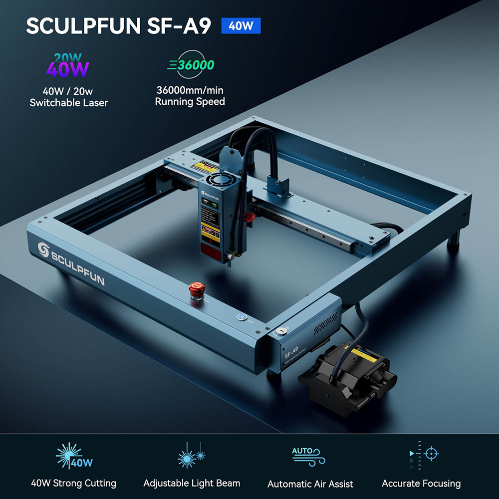 SCULPFUN SF-A9 Laser Engraver Cutter  40W/20W Switchable Laser Power  Auto Air Assist  36000mm/min Engraving Speed