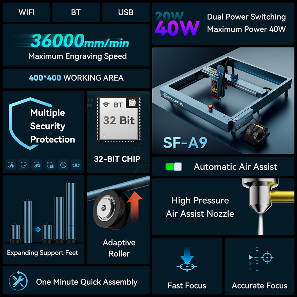 SCULPFUN SF-A9 Laser Engraver Cutter  40W/20W Switchable Laser Power  Auto Air Assist  36000mm/min Engraving Speed