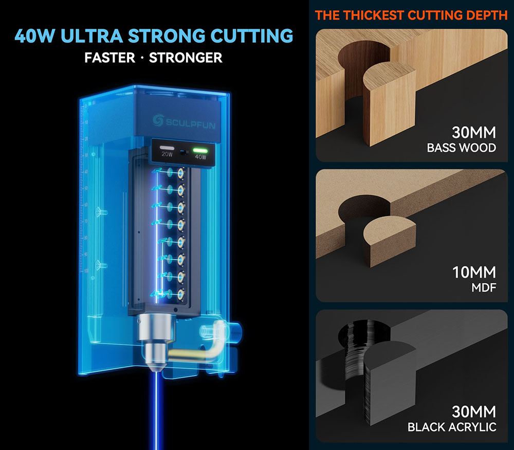 SCULPFUN SF-A9 Laser Engraver Cutter  40W/20W Switchable Laser Power  Auto Air Assist  36000mm/min Engraving Speed