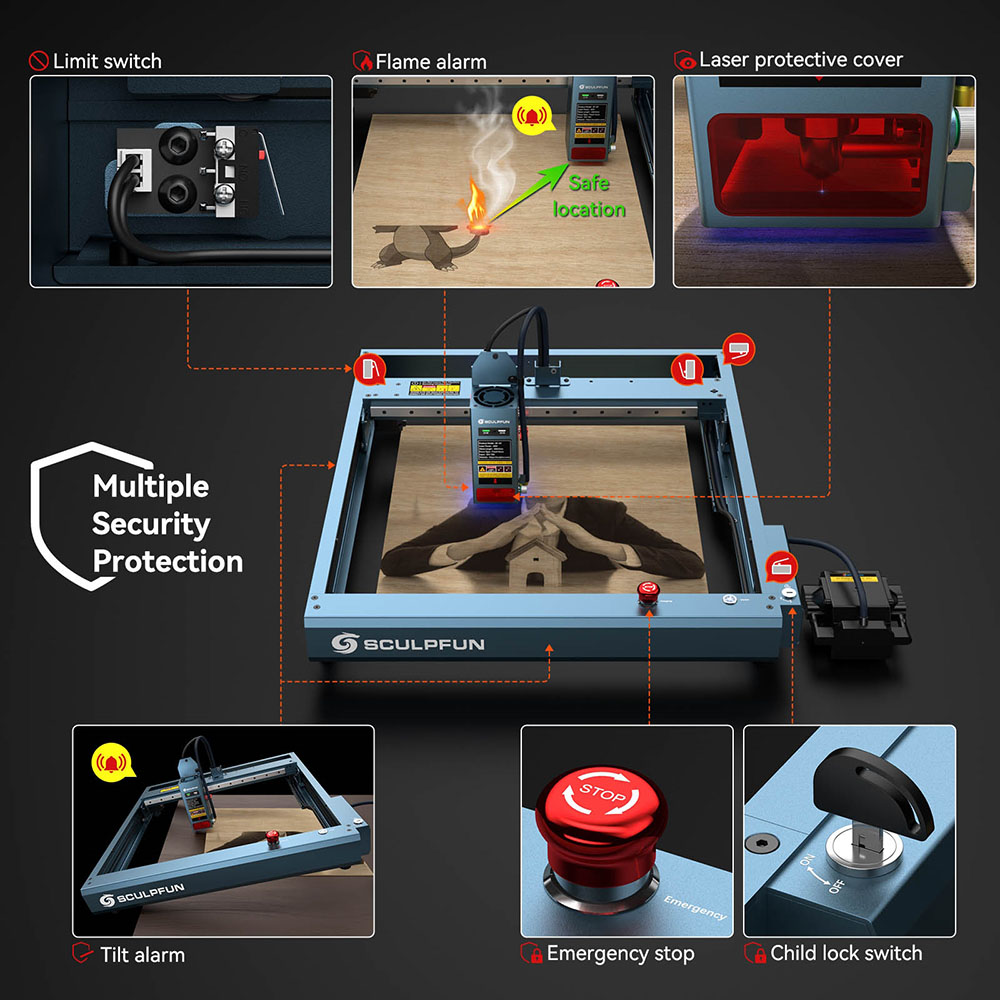 SCULPFUN SF-A9 Laser Engraver Cutter  40W/20W Switchable Laser Power  Auto Air Assist  36000mm/min Engraving Speed