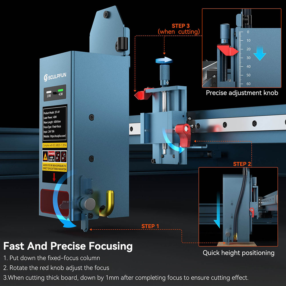 SCULPFUN SF-A9 Laser Engraver Cutter  40W/20W Switchable Laser Power  Auto Air Assist  36000mm/min Engraving Speed