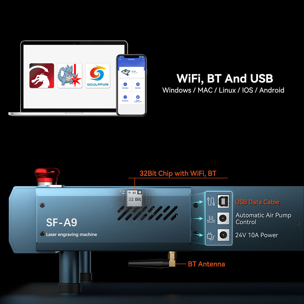 SCULPFUN SF-A9 Laser Engraver Cutter  40W/20W Switchable Laser Power  Auto Air Assist  36000mm/min Engraving Speed